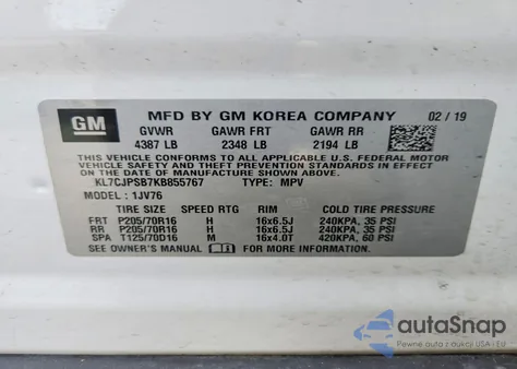 2019 Chevrolet Trax 1Lt z USA, uszkodzony, nr VIN KL7CJPSB7KB855767